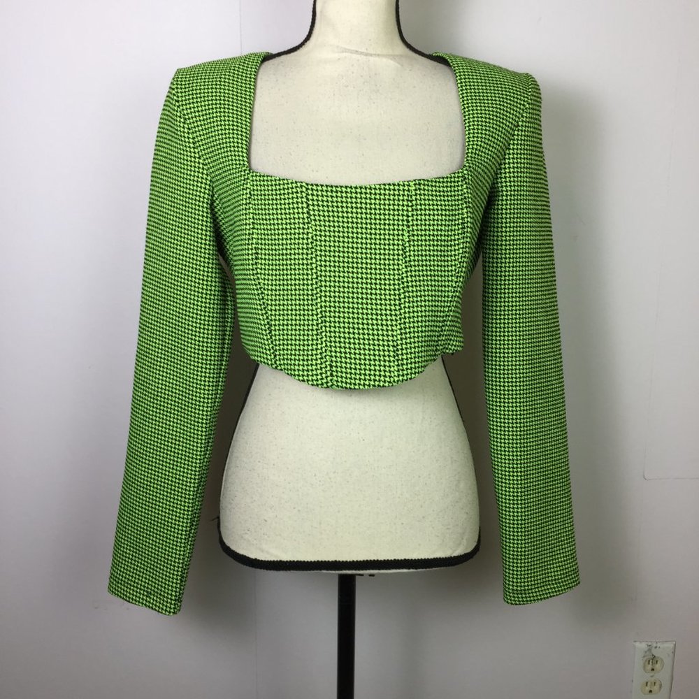 Zara Crop Top Size L Womans Neon Green Houndstooth Corset Bustier Long Sleeve
